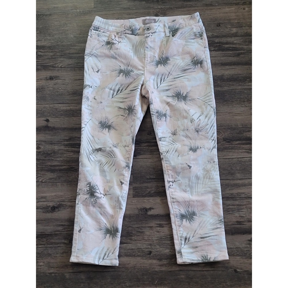 Chicos Floral Tropical Palm Print‎ Ankle Pants Pink Green White Size 0.5 Regular